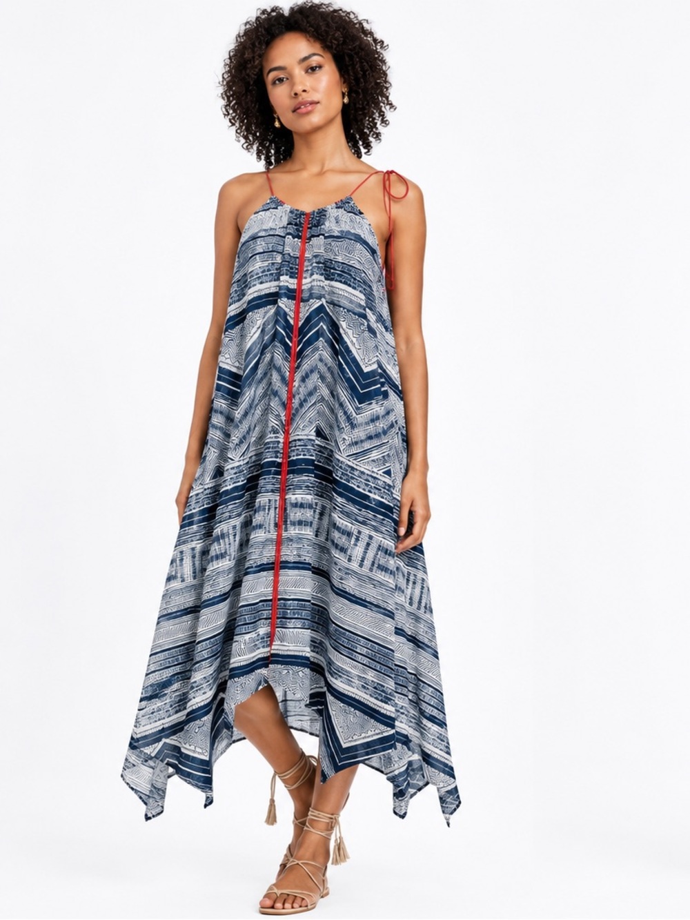 Akemi + Kin Anthropologie Riviera Halter Dress Small Boho Tassel Midi asymmetric